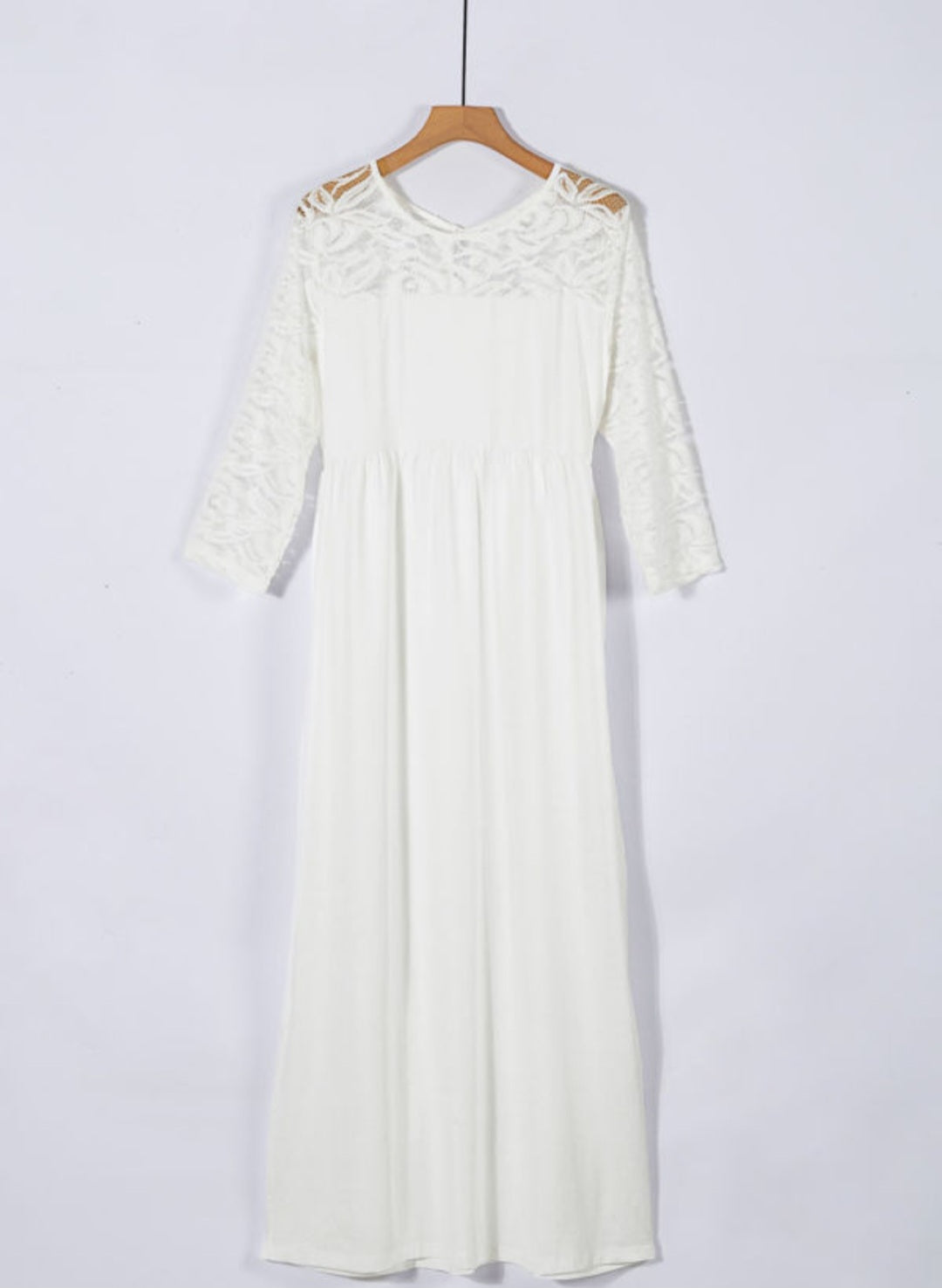 White Three Quarter Lace Sleeve Yoke Dress