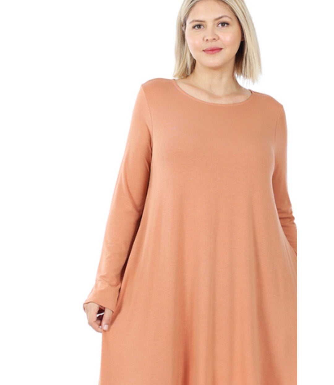 Camel plus Size Long Sleeve Dress with Side Pockets