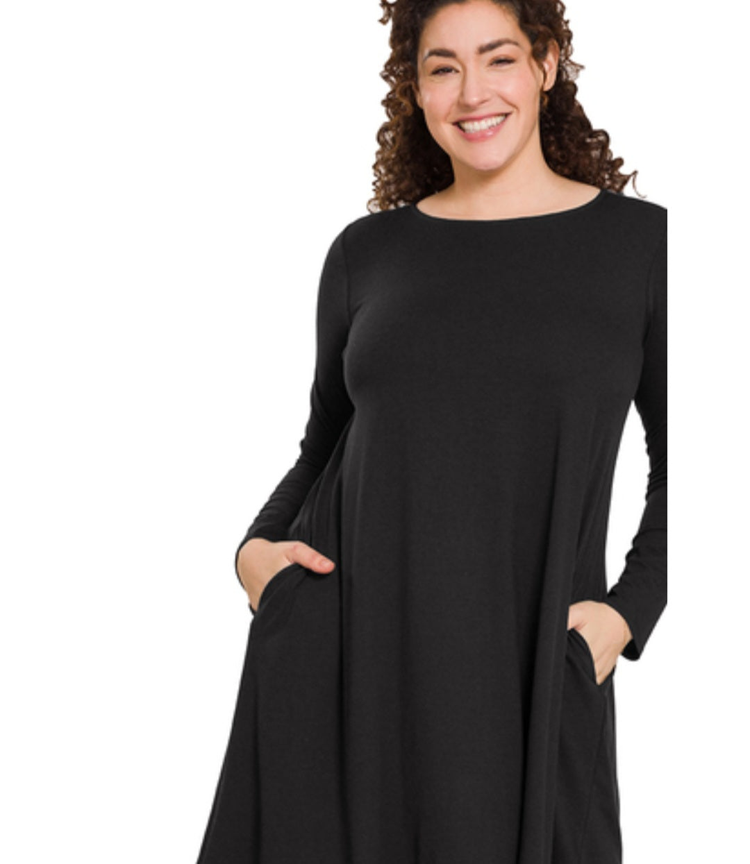 Black Plus Size Long Sleeve Dress with Side Pockets
