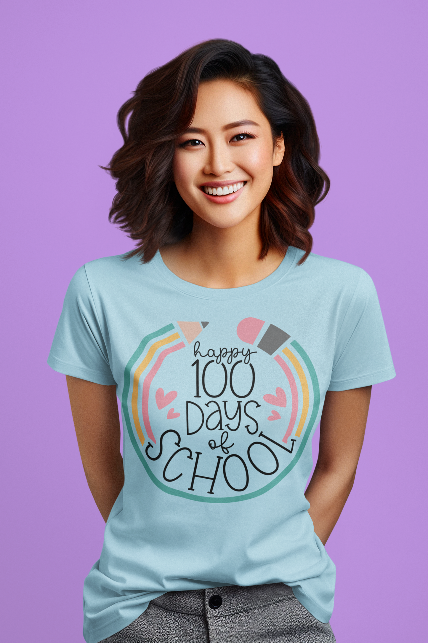 100 Days of School Bold Colors Pencil Regular & Plus Long or Short Sleeve Tee Shirt