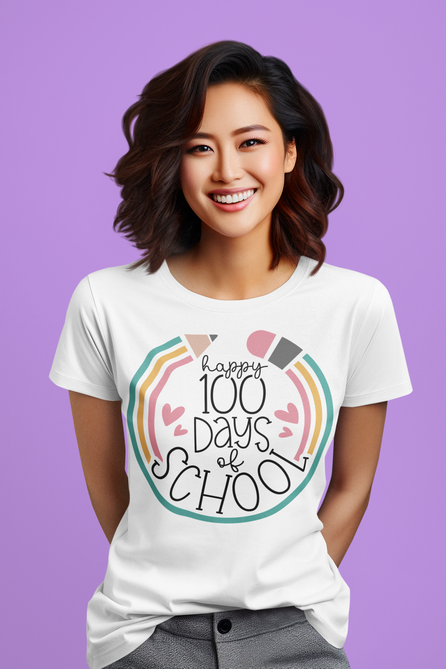 100 Days of School Bold Colors Pencil Regular & Plus Long or Short Sleeve Tee Shirt