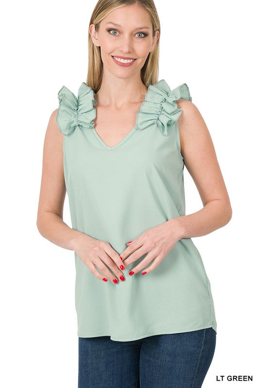 WOVEN WOOL DOBBY RUFFLE TRIM SLEEVELESS TOP