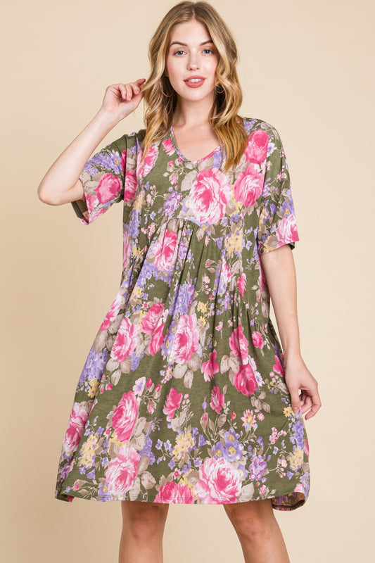 BOMBOM Flower Print V-Neck Ruched Dress