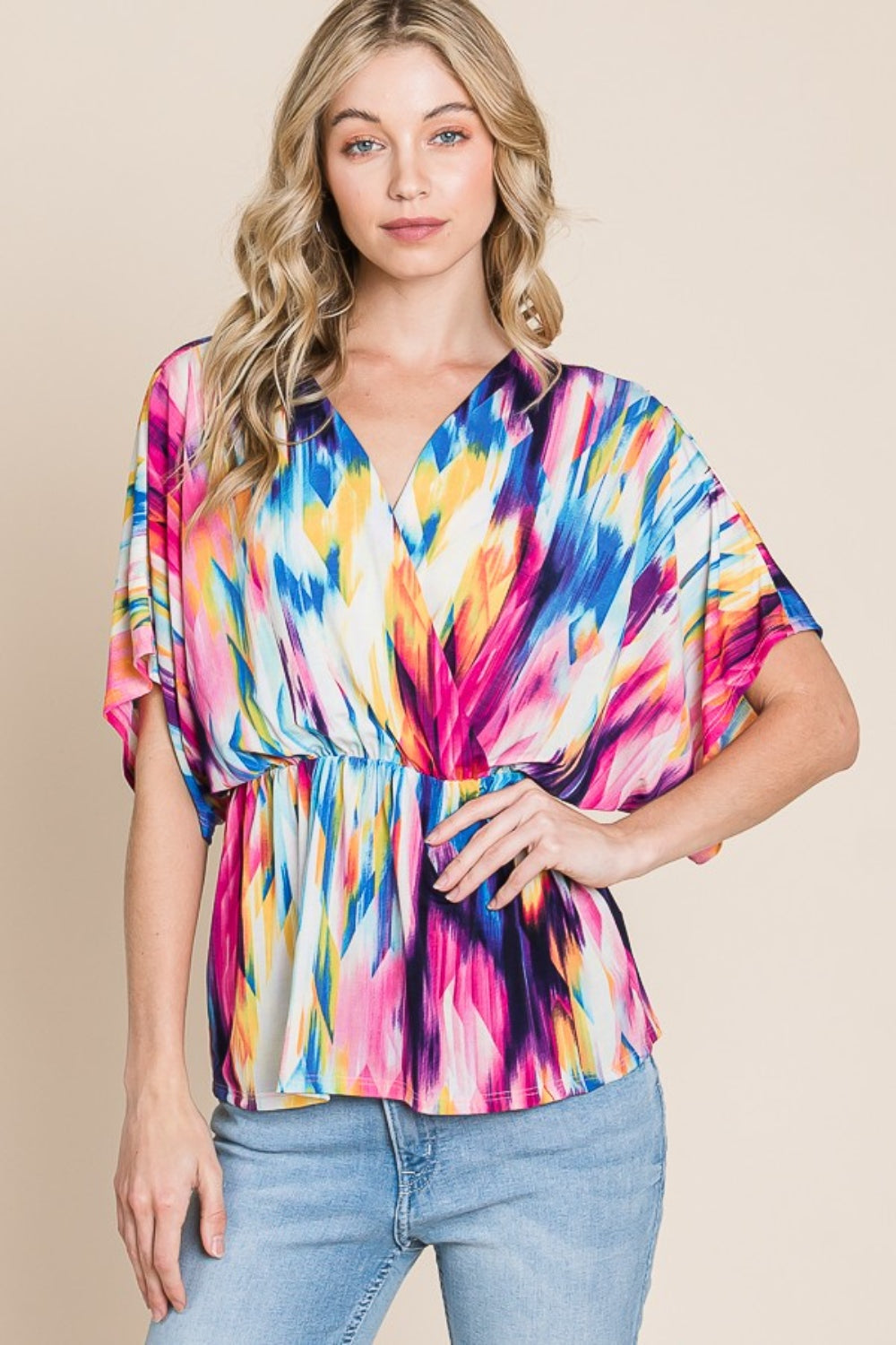 BOMBOM Printed Surplice Peplum Blouse