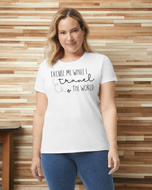 Excuse Me While I Travel The World Black Lettering Tee