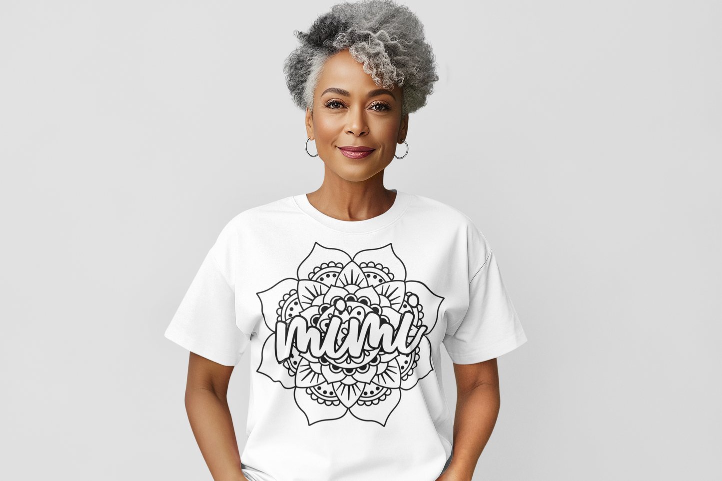 Mimi Mandala Flower Graphic Tee with Black Lettering