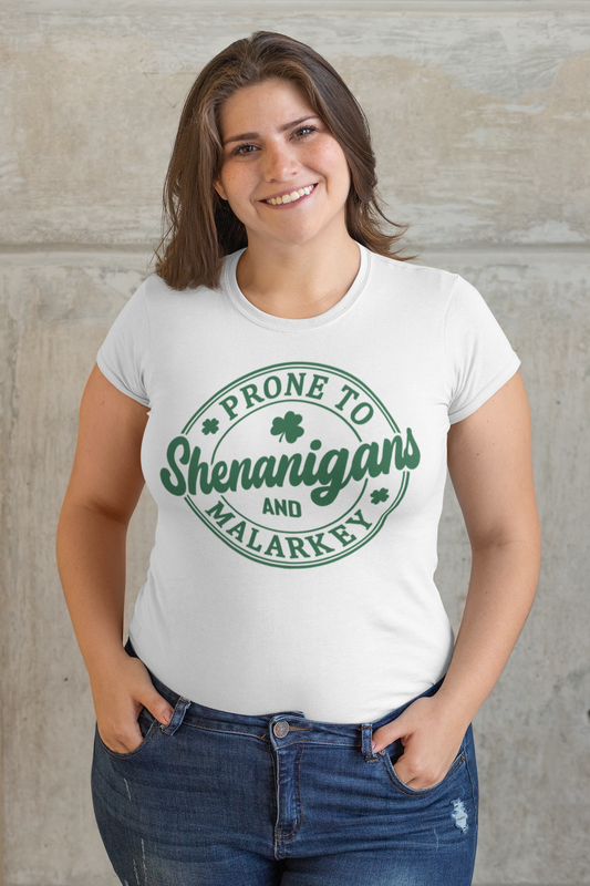 Prone to Shenanigans and Malarkey Regular & Plus Long or Short Sleeve Tee Shirt White Lettering