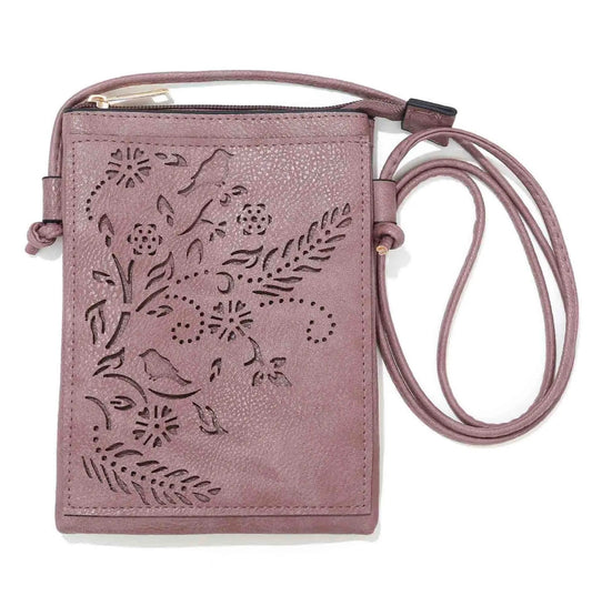 Plum Birds & Flowers Laser Cut Crossbody Cellphone Bag