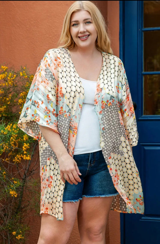 Green Floral Mixed Print Open Front Plus Size Kimono