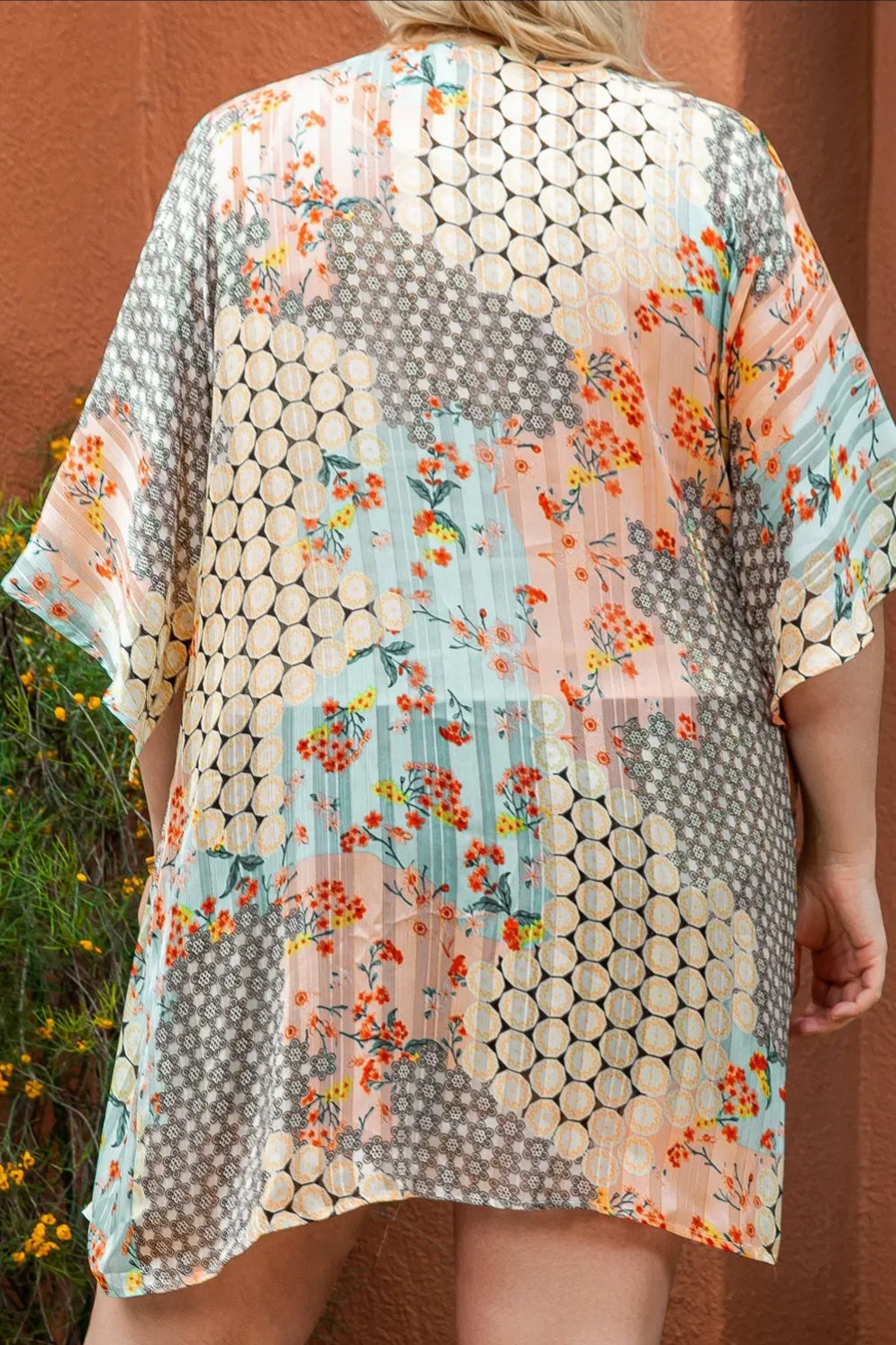 Green Floral Mixed Print Open Front Plus Size Kimono