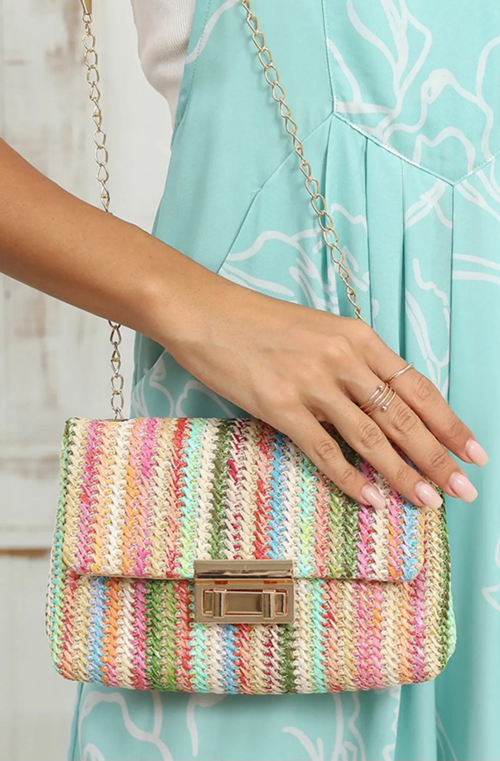 Multicolor Bohemian Woven Gold Chain Shoulder Bag