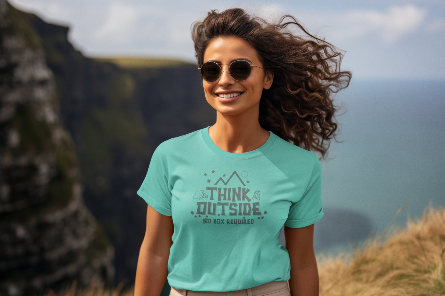 Think Outside No Box Required Regular & Plus Long or Short Sleeve Graphic Tee