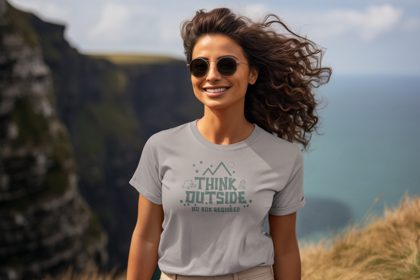 Think Outside No Box Required Regular & Plus Long or Short Sleeve Graphic Tee