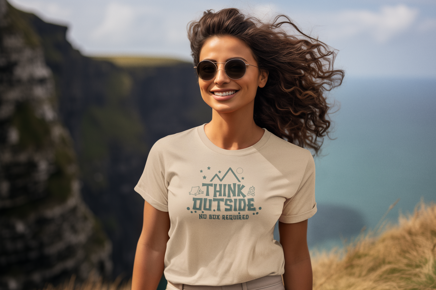 Think Outside No Box Required Regular & Plus Long or Short Sleeve Graphic Tee