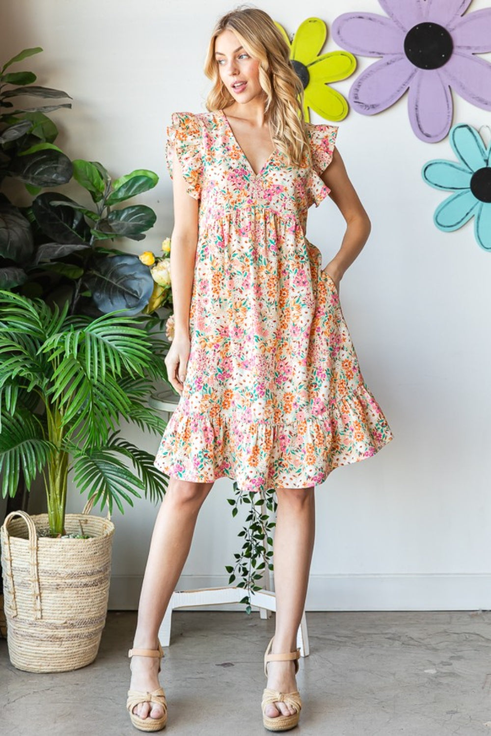 Heimish Full Size Floral Ruffled V-Neck Dress