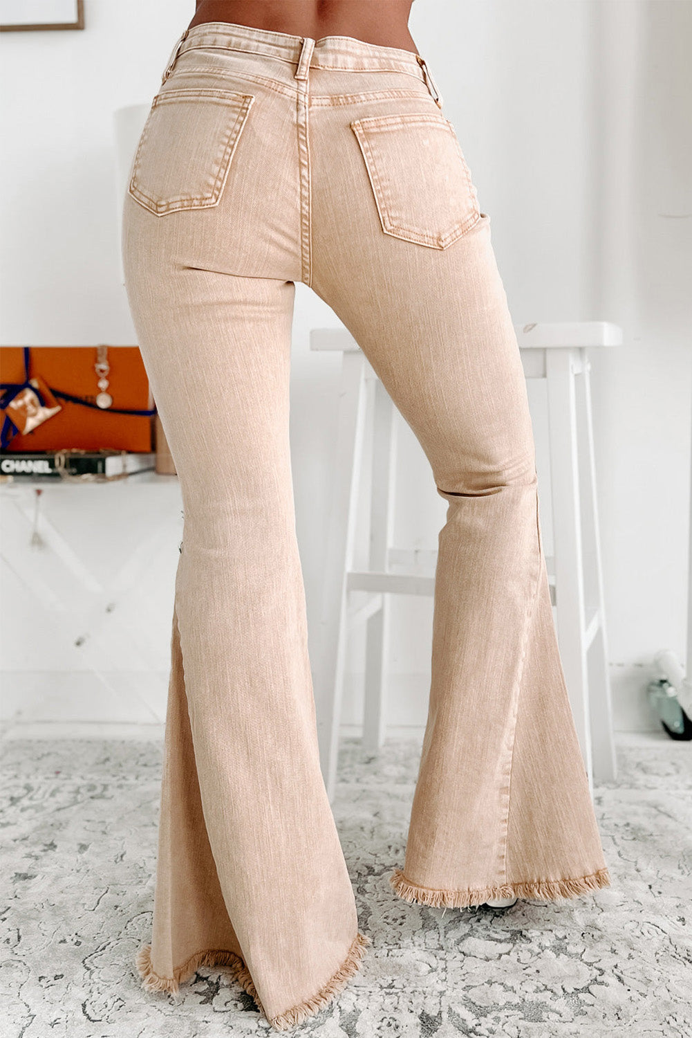 Khaki Raw Edge Mid Waist Flared Jeans