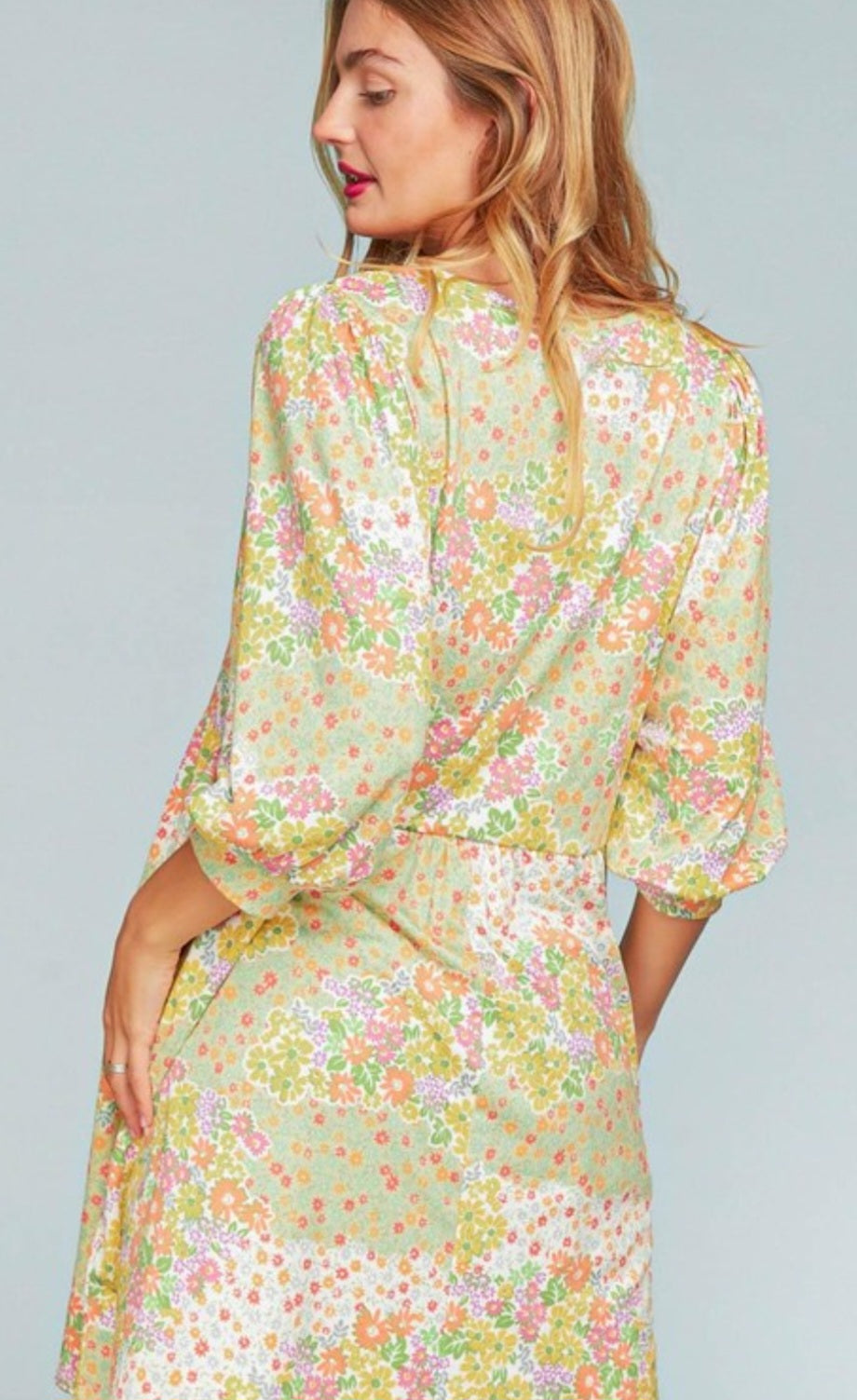 Floral Patchwork Bubble Sleeve Mini Dress