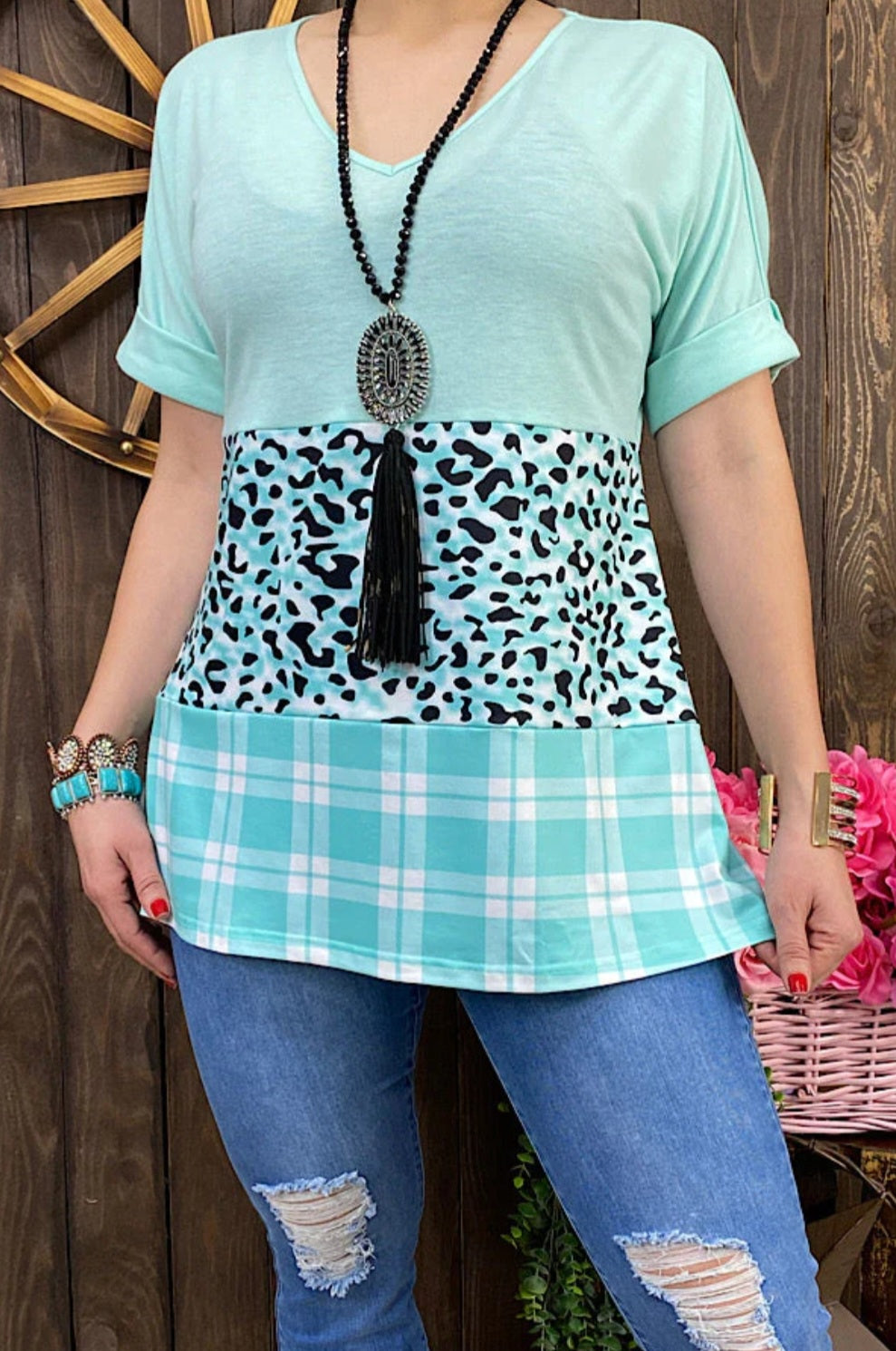 Tiffany Blue Leopard & Plaid Color Block Short Sleeve Top