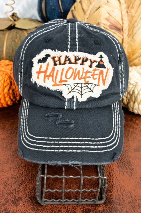 Distressed Black Happy Halloween Cap