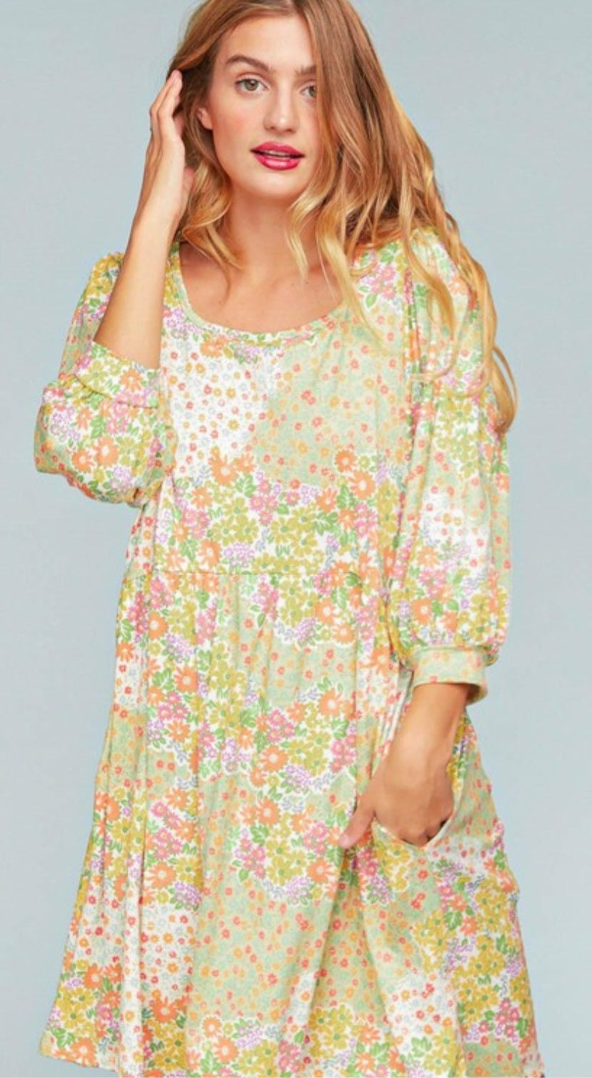 Floral Patchwork Bubble Sleeve Mini Dress