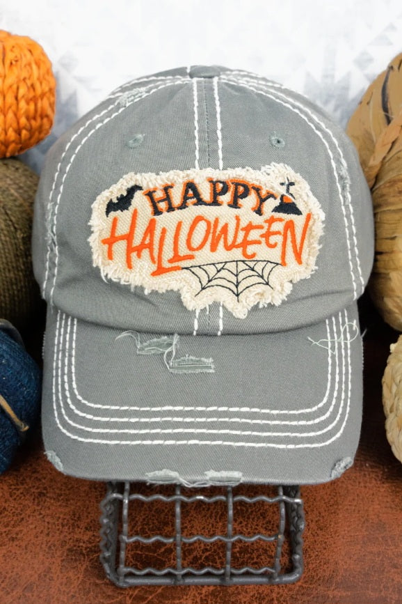 Distressed Steel Gray Happy Halloween Cap