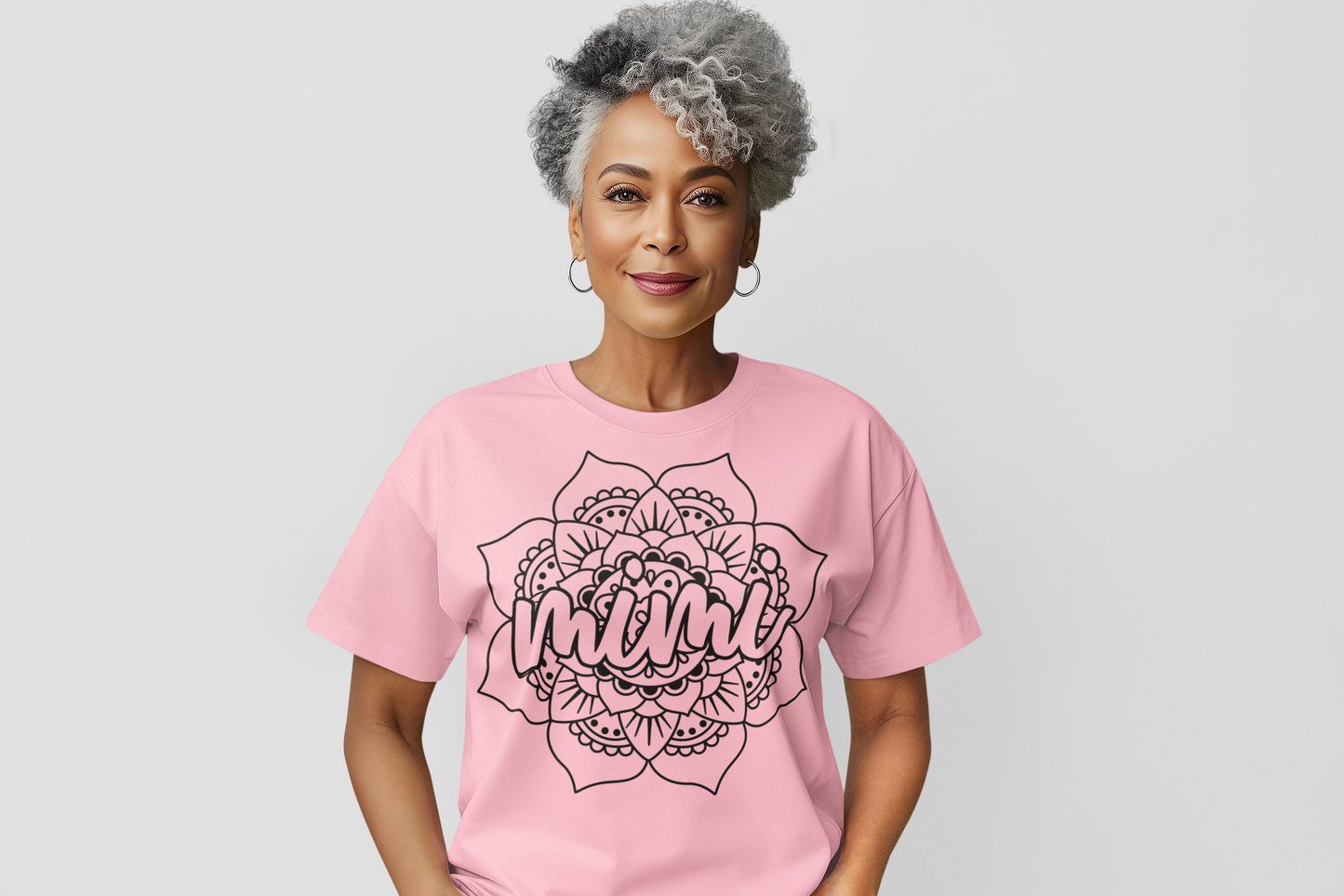 Mimi Mandala Flower Graphic Tee with Black Lettering