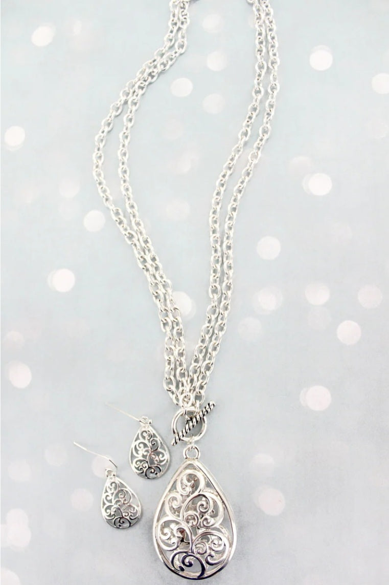 Silvertone Scroll Dual Length Necklace & Earring Set