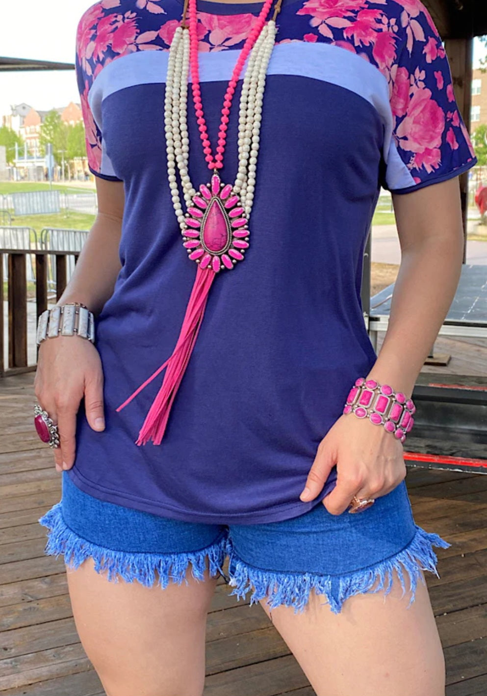 Navy Blue Top With Pink Floral Print