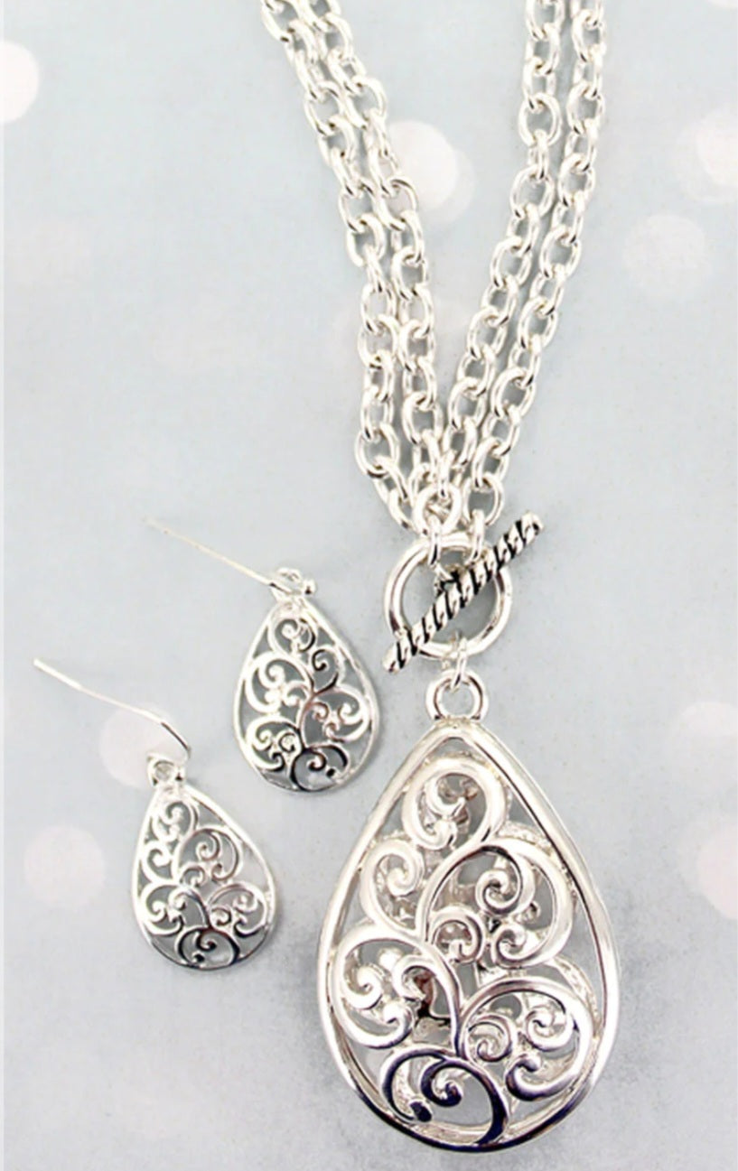 Silvertone Scroll Dual Length Necklace & Earring Set