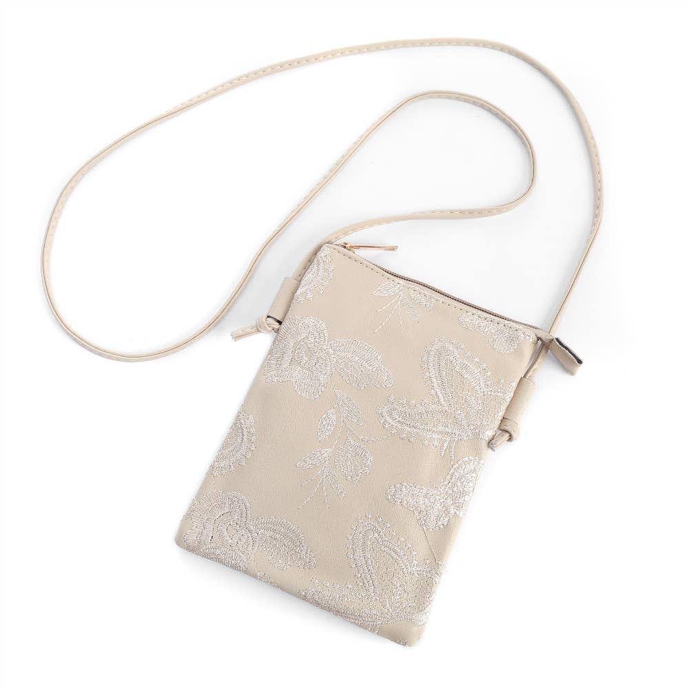 Beige - Embroidered Butterfly Crossbody Cellphone Bag