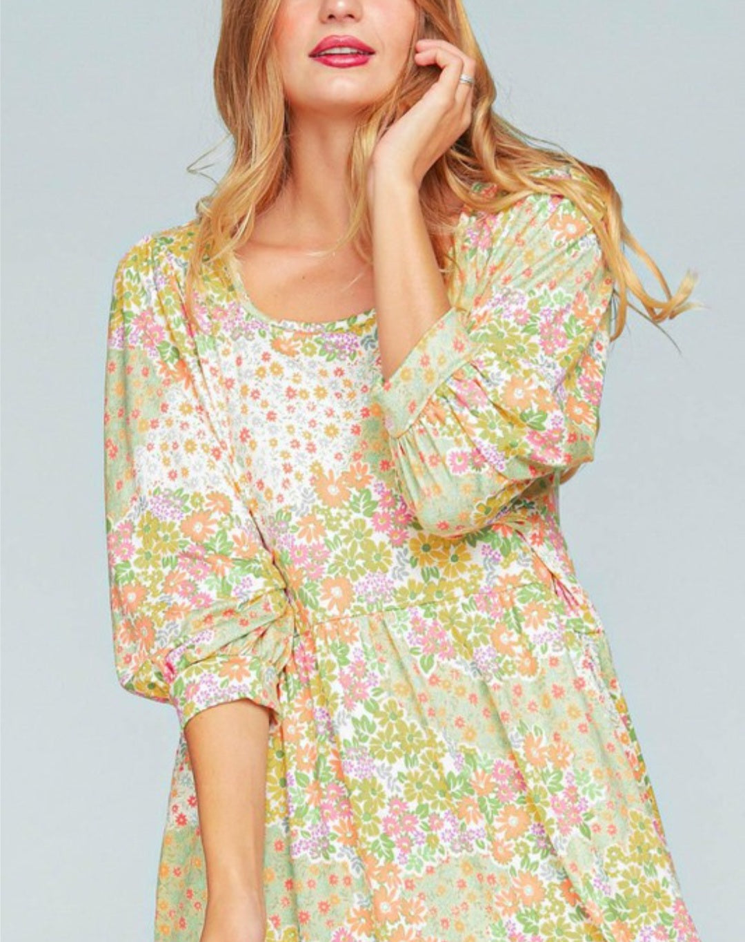 Floral Patchwork Bubble Sleeve Mini Dress