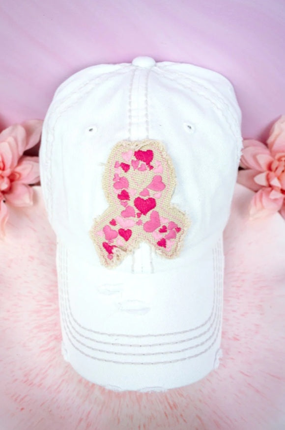 Distressed White with Pink Hearts Ribbon Cap