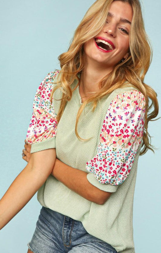 Multicolor Floral Bubble Puff Short Sleeve Shirt