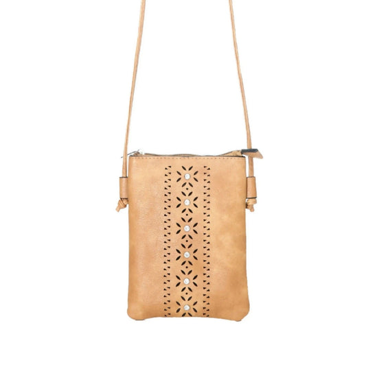 Beige Laser Cut Cellphone Bag with Studs