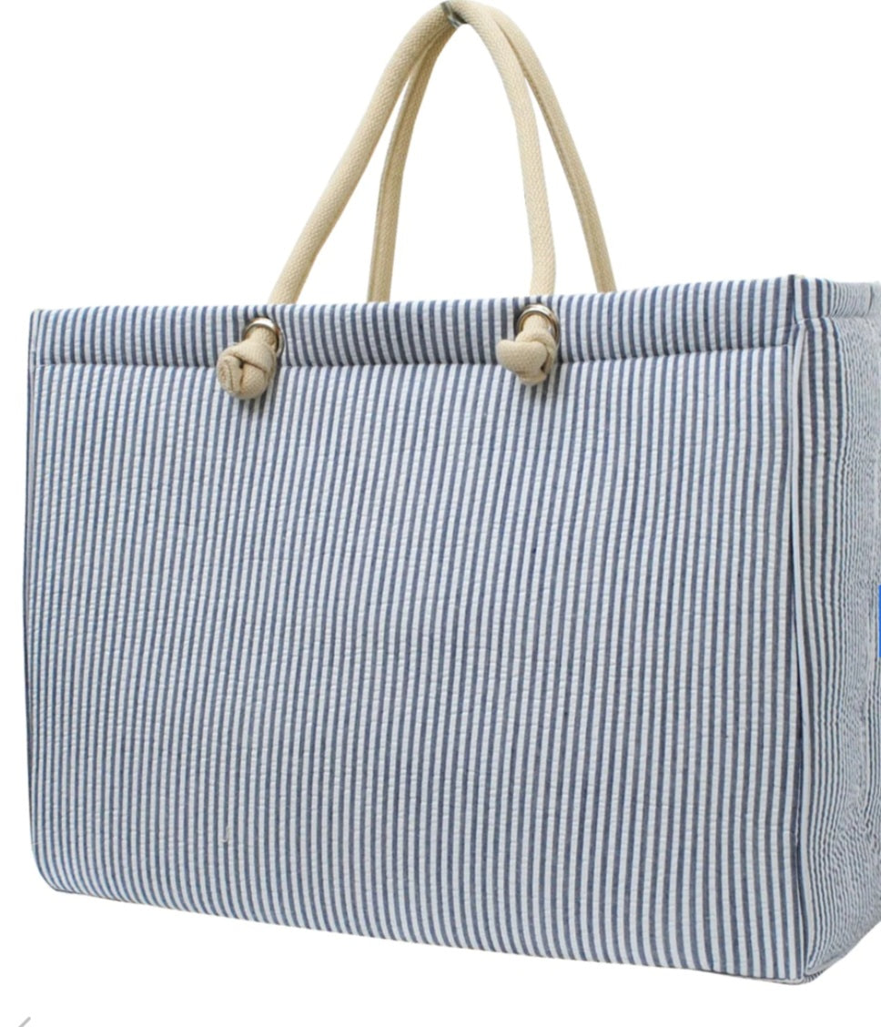 Seersucker Navy Large Rope Tote Bag