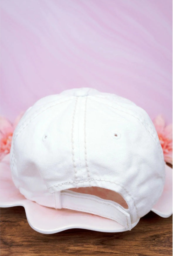 Distressed White with Pink Hearts Ribbon Cap