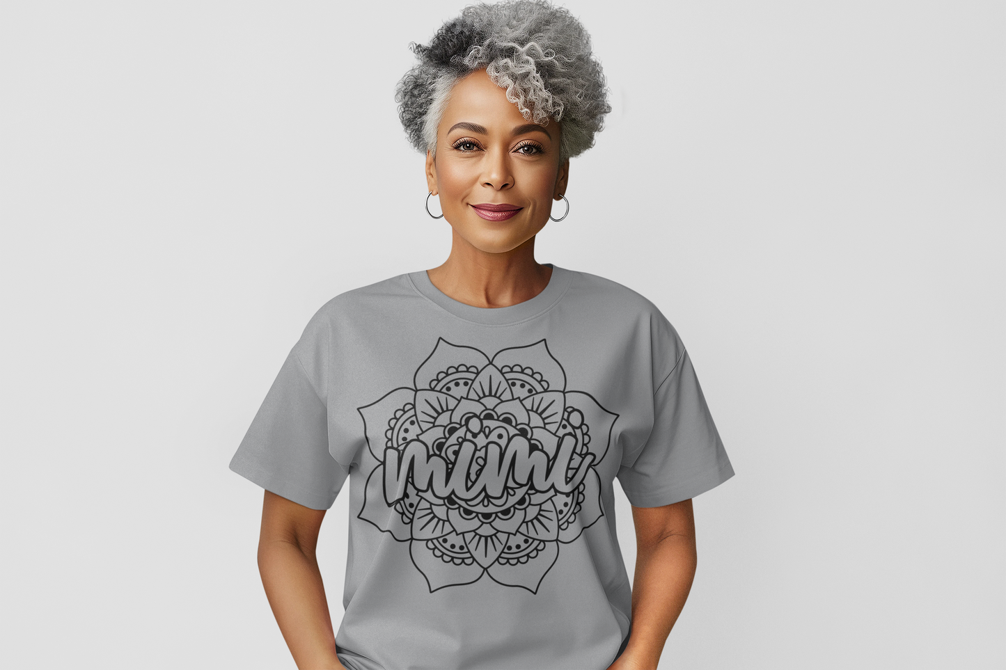 Mimi Mandala Flower Graphic Tee with Black Lettering