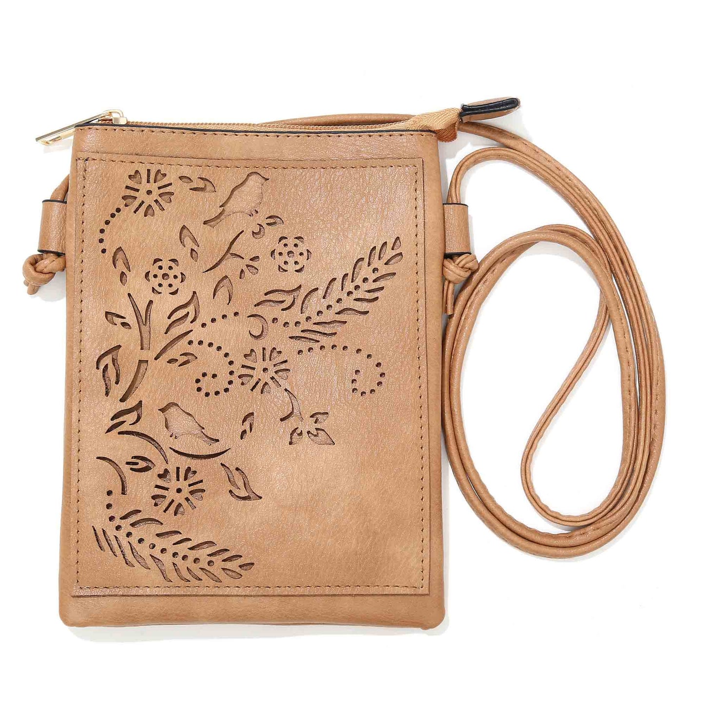 Beige - Birds and Flower Lacer Cut Crossbody cellphone bag