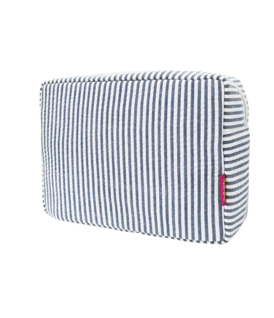 Navy Seersucker Large Cosmetic Case