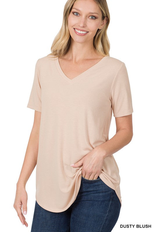 SHORT SLEEVE V-NECK ROUND HEM TOP