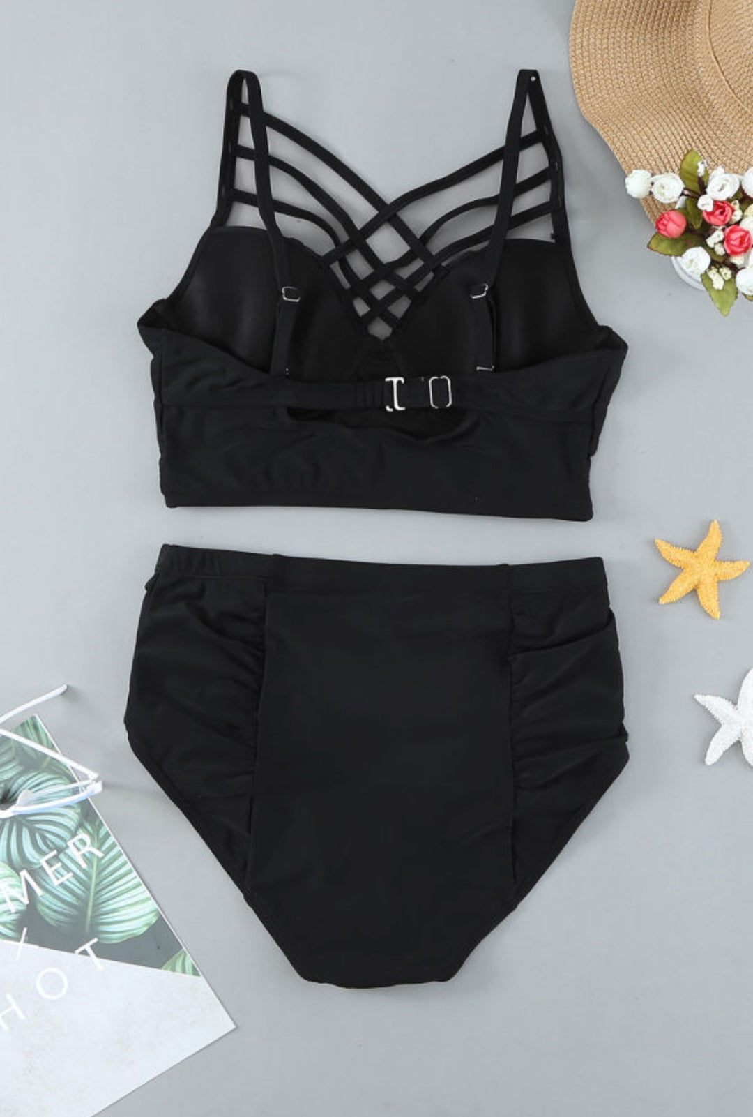 Black Strappy Neck Detail High Waisted Bikini