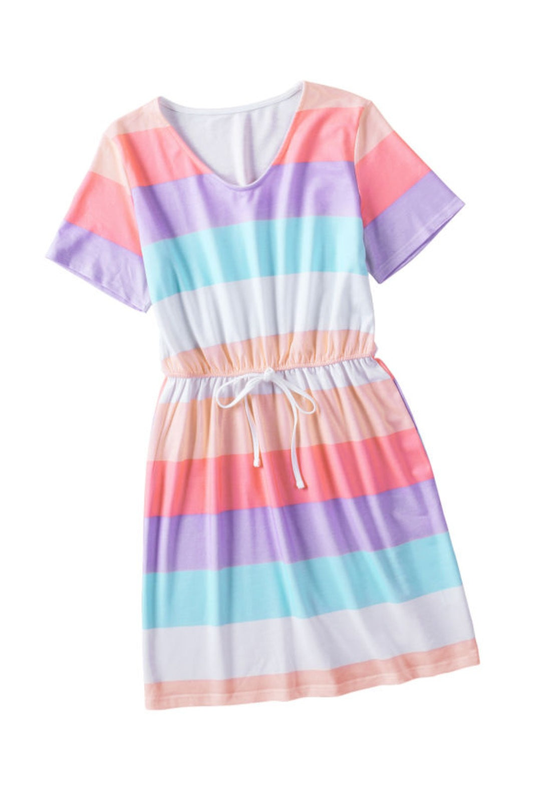 Multicolor V Neck Striped Draw String Dress