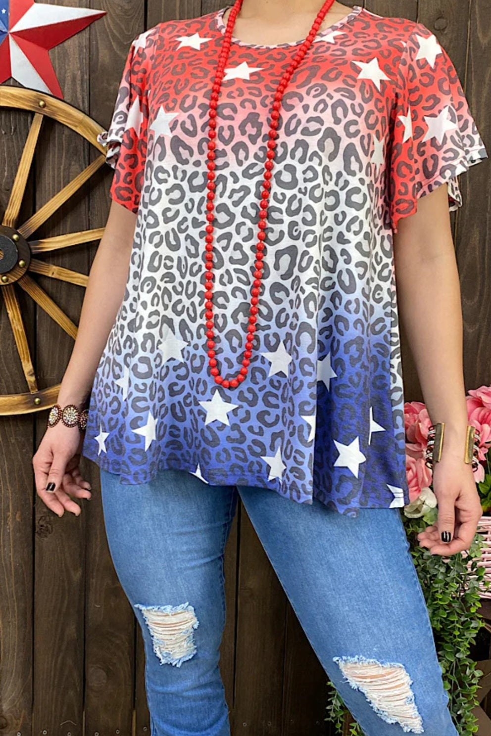 Leopard Red, White & Blue Star Short Sleeve Top