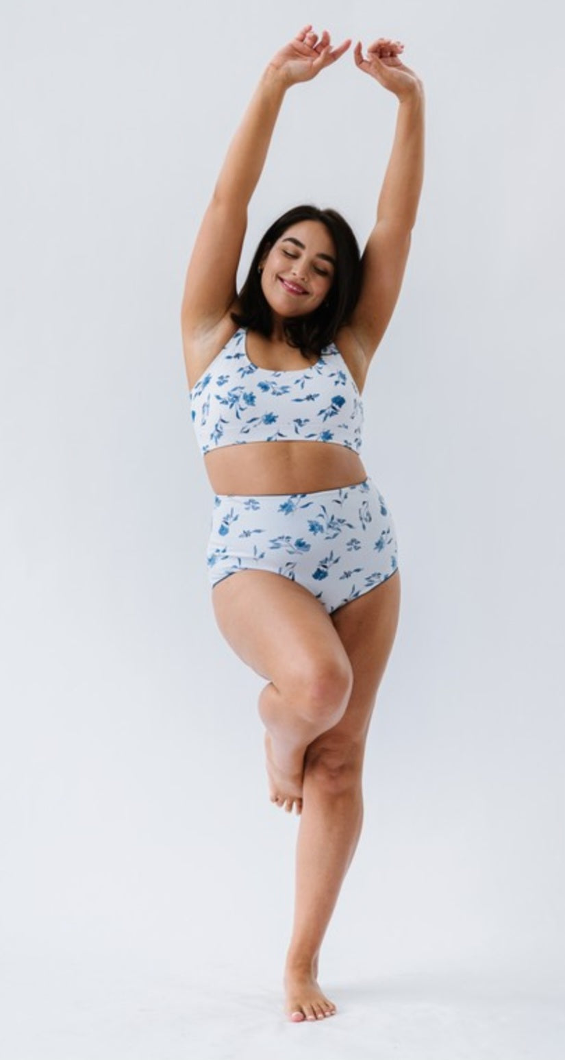 Ocean Blue Floral Scoop Neck Swim Top