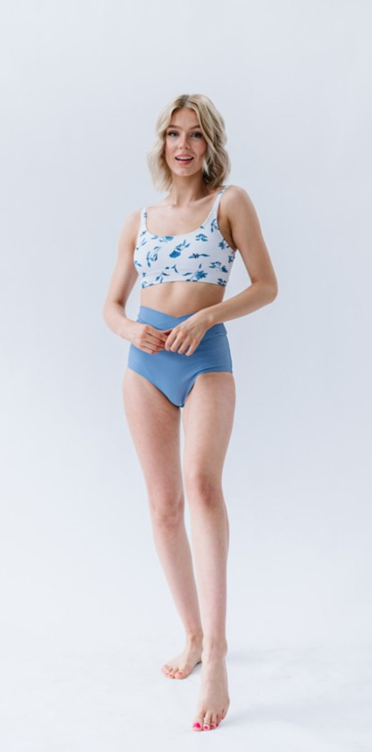 Ocean Blue Floral Scoop Neck Swim Top