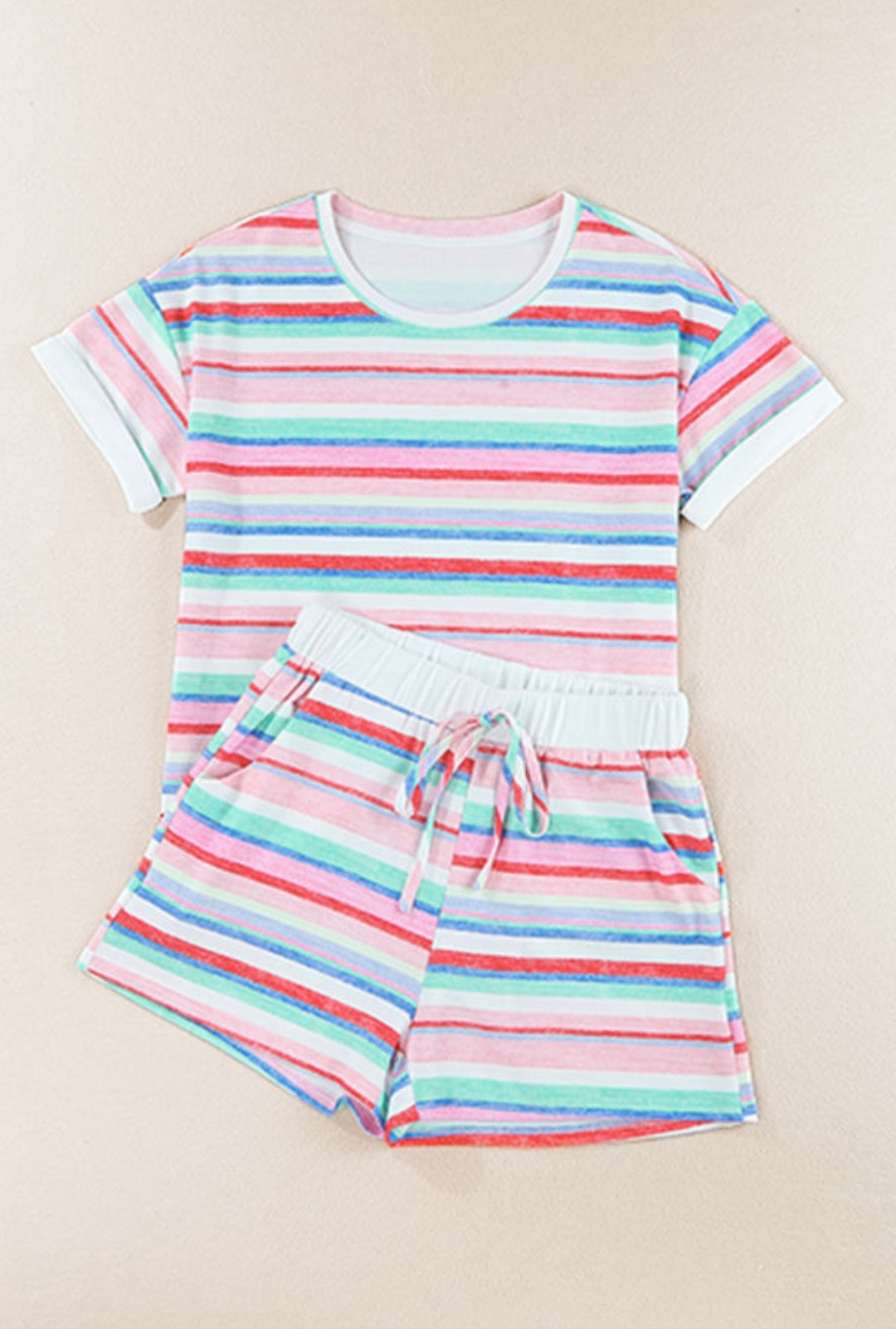 Multicolor Striped Short Set with Rolled Sleeves