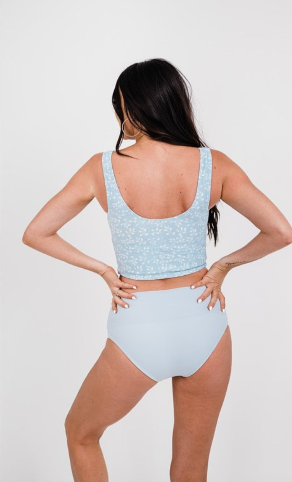 Powder Blue Leaf Print Ribbed Knotted Top