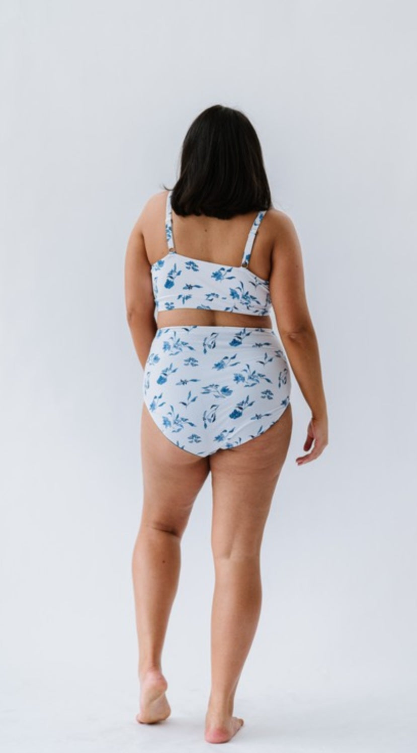 Ocean Blue Floral Scoop Neck Swim Top