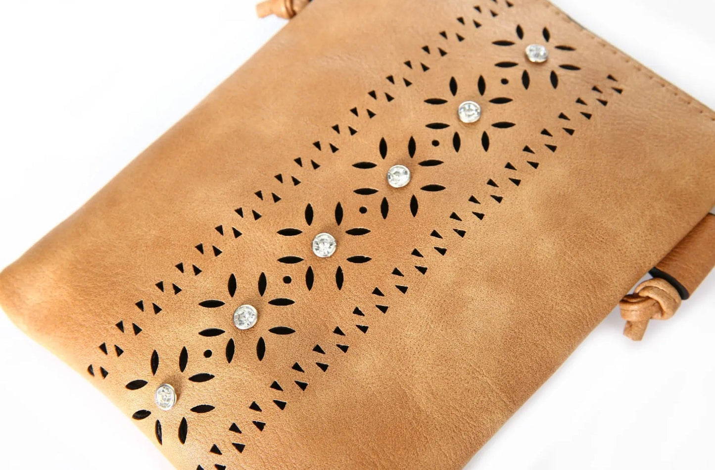 Beige Laser Cut Cellphone Bag with Studs