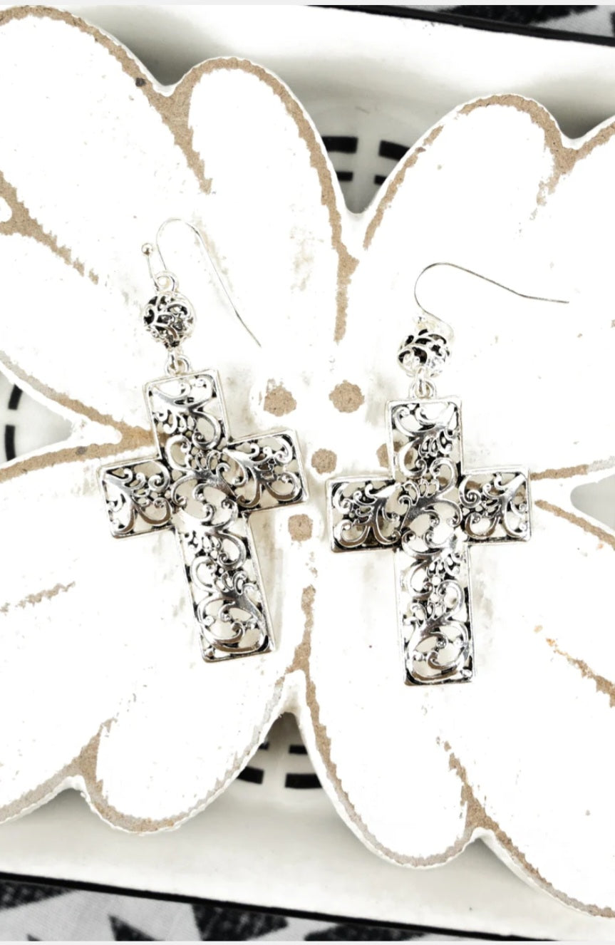 Silvertone Scroll Oakport Cross Earrings